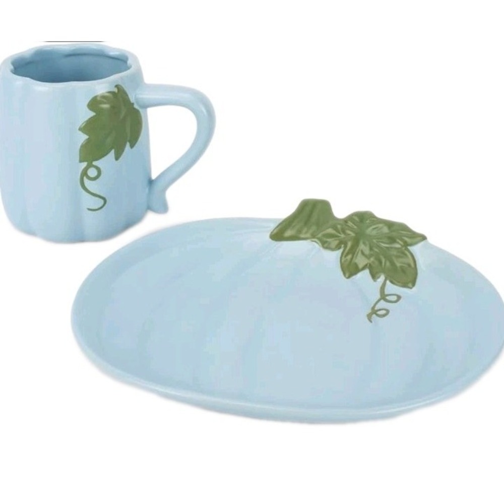 Ceramic Pumpkin Mug & Plate Set - Light Blue